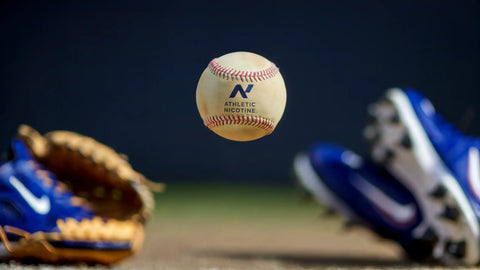 Baseball floating mid-air with Athletic Nicotine logo, representing research on low-dose nicotine and elite player performance.